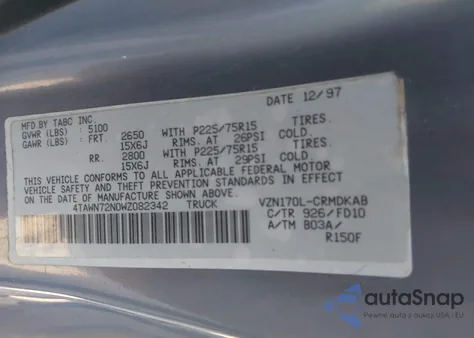 1998 Toyota Tacoma Base V6 from USA, damaged, VIN 4TAWN72N0WZ082342